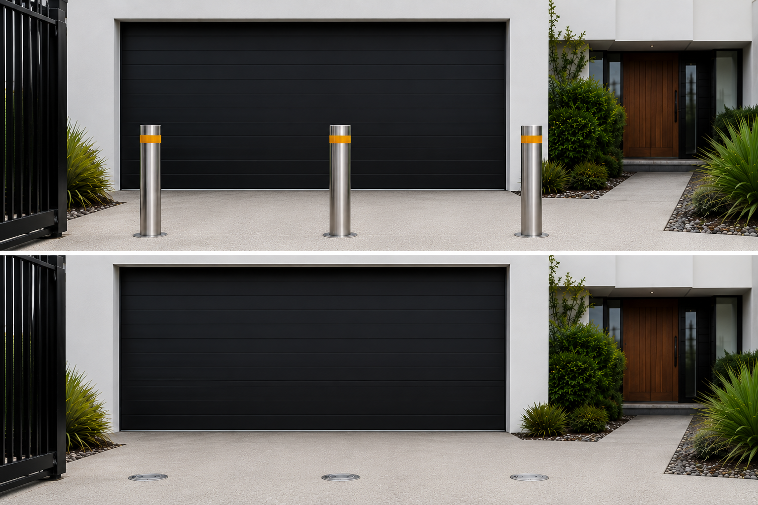 Three stainless steel driveway bollards raised in front of a garage, with the retracted position shown below.