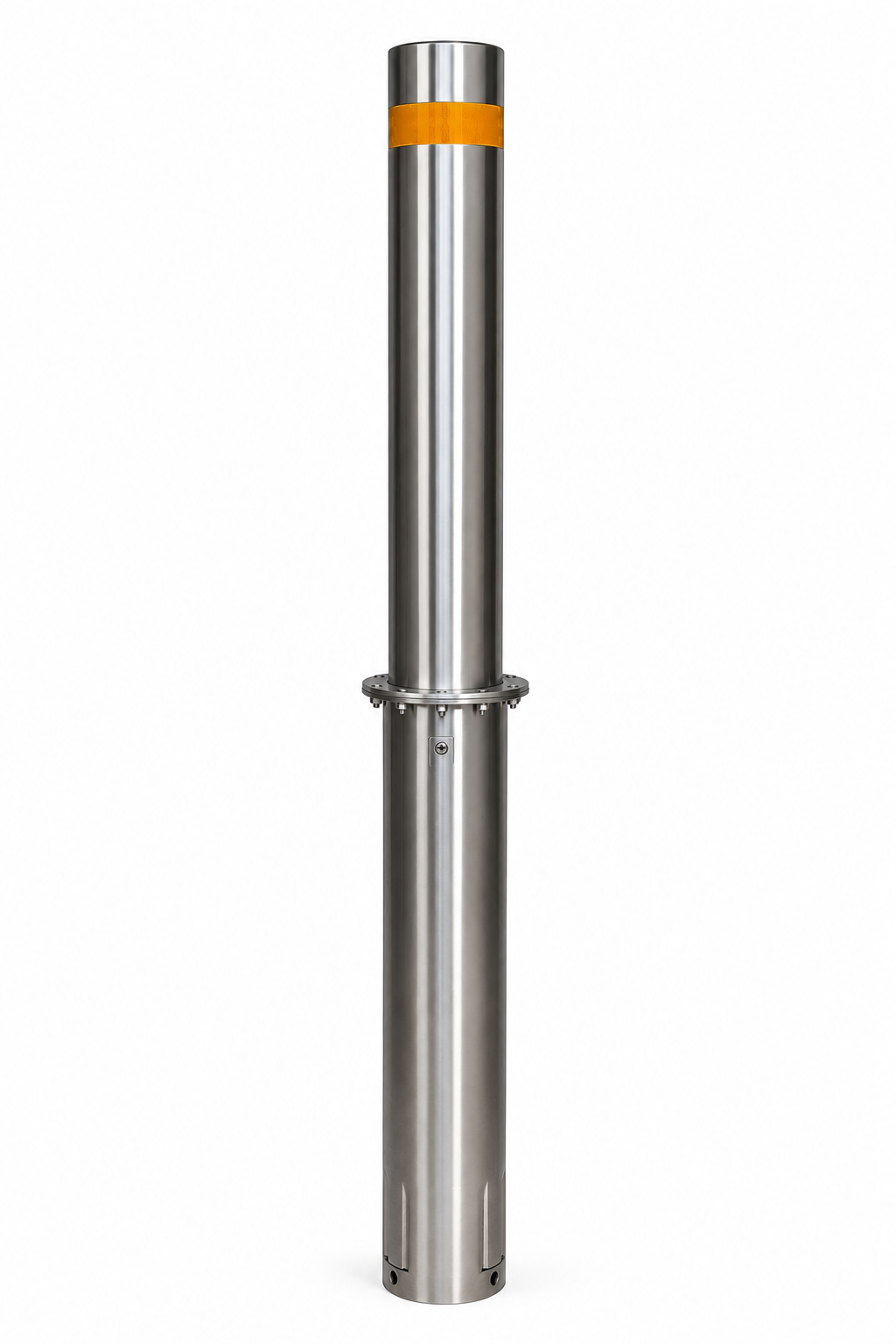 Close view of a stainless steel retractable bollard with yellow reflective band and keyed lock section.